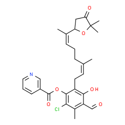 ChemSpider 2D Image | 2-Chloro-6-[(2Z,6Z)-7-(5,5-dimethyl-4-oxotetrahydro-2-furanyl)-3-methyl-2,6-octadien-1-yl]-4-formyl-5-hydroxy-3-methylphenyl nicotinate | C29H32ClNO6