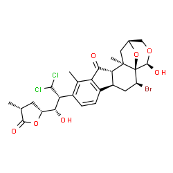 ChemSpider 2D Image | (1S,2S,4R,12S,13R,15S,18R)-2-Bromo-8-{(2R,3S)-1,1-dichloro-3-hydroxy-3-[(2R,4R)-4-methyl-5-oxotetrahydro-2-furanyl]-2-propanyl}-18-hydroxy-9,13-dimethyl-17,19-dioxapentacyclo[13.3.1.0~1,13~.0~4,12~.0~
5,10~]nonadeca-5,7,9-trien-11-one | C27H31BrCl2O7