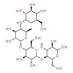 ChemSpider 2D Image | 4,6-Dideoxy-4-{[(1S,2S,3S,4R,5R)-2,3,4-trihydroxy-5-(hydroxymethyl)cyclohexyl]amino}-alpha-D-glucopyranosyl-(1->4)-alpha-D-glucopyranosyl-(1->4)-D-glucopyranose | C25H45NO18