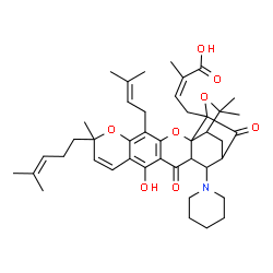 ChemSpider 2D Image | (2Z)-4-[12-Hydroxy-8,21,21-trimethyl-5-(3-methyl-2-buten-1-yl)-8-(4-methyl-3-penten-1-yl)-14,18-dioxo-16-(1-piperidinyl)-3,7,20-trioxahexacyclo[15.4.1.0~2,15~.0~2,19~.0~4,13~.0~6,11~]docosa-4(13),5,9,
11-tetraen-19-yl]-2-methyl-2-butenoic acid | C43H55NO8