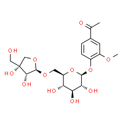 ChemSpider 2D Image | 4-Acetyl-2-methoxyphenyl 6-O-[(2R,3R,4R)-3,4-dihydroxy-4-(hydroxymethyl)tetrahydro-2-furanyl]-beta-D-glucopyranoside | C20H28O12