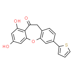 ChemSpider 2D Image | 7,9-Dihydroxy-3-(2-thienyl)dibenzo[b,f]oxepin-10(11H)-one | C18H12O4S