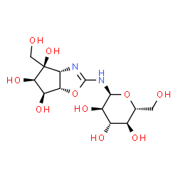 ChemSpider 2D Image | N-[(3aR,4R,5R,6S,6aS)-4,5,6-Trihydroxy-4-(hydroxymethyl)-4,5,6,6a-tetrahydro-3aH-cyclopenta[d][1,3]oxazol-2-yl]-alpha-D-glucopyranosylamine | C13H22N2O10
