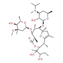 ChemSpider 2D Image | (2R,3R,6R,8S,9R,10R)-3-[(2R)-2,3-Dihydroxy-2-pentanyl]-9-({(2S,3R,4S,6R)-3-hydroxy-4-[isopropyl(methyl)amino]-6-methyltetrahydro-2H-pyran-2-yl}oxy)-7-{[(2R,4R,5S,6S)-5-hydroxy-4-methoxy-4,6-dimethylte
trahydro-2H-pyran-2-yl]oxy}-2,6,8,10,12-pentamethyl-4,13-dioxabicyclo[8.2.1]tridec-1(12)-en-5-one | C39H69NO12