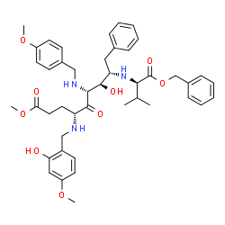 ChemSpider 2D Image | Methyl (4R,6R,7R,8S)-8-{[(2R)-1-(benzyloxy)-3-methyl-1-oxo-2-butanyl]amino}-7-hydroxy-4-[(2-hydroxy-4-methoxybenzyl)amino]-6-[(4-methoxybenzyl)amino]-5-oxo-9-phenylnonanoate | C44H55N3O9