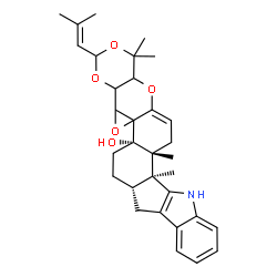 ChemSpider 2D Image | (5bS,7aS,13bS,13cR)-1,1,13b,13c-Tetramethyl-3-(2-methyl-1-propen-1-yl)-1,4a,4b,6,7,7a,8,13,13b,13c,14,16a-dodecahydro-5bH-[1,3]dioxino[5'',4'':2',3']oxireno[4',4a']chromeno[5',6':6,7]indeno[1,2-b]indo
l-5b-ol | C32H39NO5