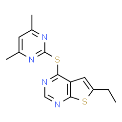 ChemSpider 2D Image | 4-[(4,6-Dimethyl-2-pyrimidinyl)sulfanyl]-6-ethylthieno[2,3-d]pyrimidine | C14H14N4S2