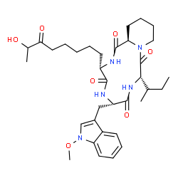 ChemSpider 2D Image | (3S,6S,9S,15aR)-9-[(2S)-2-Butanyl]-3-(7-hydroxy-6-oxooctyl)-6-[(1-methoxy-1H-indol-3-yl)methyl]octahydro-2H-pyrido[1,2-a][1,4,7,10]tetraazacyclododecine-1,4,7,10(3H,12H)-tetrone | C34H49N5O7
