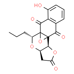 ChemSpider 2D Image | (11S,15R,17R)-4-Hydroxy-17-propyl-12,16,18-trioxapentacyclo[8.7.1.0~1,10~.0~3,8~.0~11,15~]octadeca-3,5,7-triene-2,9,13-trione | C18H16O7