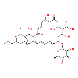 ChemSpider 2D Image | (4E,6E,8E,10E)-12-[(3-Amino-3,6-dideoxy-beta-D-mannopyranosyl)oxy]-27-ethyl-14,16,20,26-tetrahydroxy-18,24,28-trioxo-2-propyloxacyclooctacosa-4,6,8,10-tetraene-15-carboxylic acid | C39H61NO14