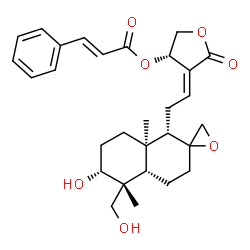 ChemSpider 2D Image | (3S,4E)-4-{2-[(1S,4aS,5R,6R,8aR)-6-Hydroxy-5-(hydroxymethyl)-5,8a-dimethyloctahydro-1H-spiro[naphthalene-2,2'-oxiran]-1-yl]ethylidene}-5-oxotetrahydro-3-furanyl (2E)-3-phenylacrylate | C29H36O7
