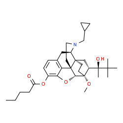 ChemSpider 2D Image | (5alpha,6beta,14beta,18R)-17-(Cyclopropylmethyl)-18-[(2S)-2-hydroxy-3,3-dimethyl-2-butanyl]-6-methoxy-18,19-dihydro-4,5-epoxy-6,14-ethenomorphinan-3-yl valerate | C34H49NO5