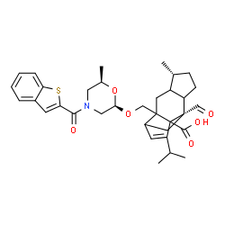 ChemSpider 2D Image | (5R,9S)-2-({[(2R,6R)-4-(1-Benzothiophen-2-ylcarbonyl)-6-methyl-2-morpholinyl]oxy}methyl)-9-formyl-13-isopropyl-5-methyltetracyclo[7.4.0.0~2,11~.0~4,8~]tridec-12-ene-1-carboxylic acid | C34H41NO6S
