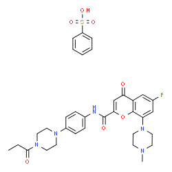 ChemSpider 2D Image | 6-Fluoro-8-(4-methyl-1-piperazinyl)-4-oxo-N-[4-(4-propionyl-1-piperazinyl)phenyl]-4H-chromene-2-carboxamide benzenesulfonate (1:1) | C34H38FN5O7S
