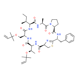 ChemSpider 2D Image | (2R,5S,11S,14S,17S,20S,23R)-2-Benzyl-14-[(2S)-2-butanyl]-11-methyl-20-{(1R)-1-[(2-methyl-3-buten-2-yl)oxy]ethyl}-17-{[(2-methyl-3-buten-2-yl)oxy]methyl}-25-thia-3,9,12,15,18,21,26-heptaazatricyclo[21.
2.1.0~5,9~]hexacos-1(26)-ene-4,10,13,16,19,22-hexone | C43H63N7O8S