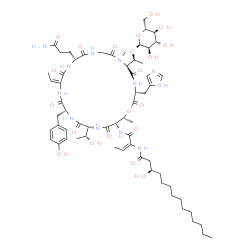 ChemSpider 2D Image | (3R)-N-[(2E)-1-{[(3R,6S,12R,15E,18R,21R,24S,25R)-12-(3-Amino-3-oxopropyl)-15-ethylidene-6-[(1S)-1-(alpha-D-glucopyranosyloxy)ethyl]-18-(4-hydroxybenzyl)-21-[(1R)-1-hydroxyethyl]-3-(1H-imidazol-5-ylmet
hyl)-7,25-dimethyl-2,5,8,11,14,17,20,23-octaoxo-1-oxa-4,7,10,13,16,19,22-heptaazacyclopentacosan-24-yl]amino}-1-oxo-2-buten-2-yl]-3-hydroxytetradecanamide | C63H96N12O21