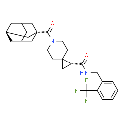 ChemSpider 2D Image | (1R)-6-[(1R,3r)-Adamantan-1-ylcarbonyl]-N-[2-(trifluoromethyl)benzyl]-6-azaspiro[2.5]octane-1-carboxamide | C27H33F3N2O2