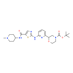 ChemSpider 2D Image | 2-Methyl-2-propanyl 2-[6-({5-[(1-methyl-4-piperidinyl)carbamoyl]-1,3-thiazol-2-yl}amino)-2-pyridinyl]-4-morpholinecarboxylate | C24H34N6O4S
