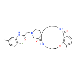 ChemSpider 2D Image | N-(2-Fluoro-5-methylphenyl)-2-(17-methyl-6,13-dioxo-3,4,5,6,8,9,10,11,12,13-decahydro-1'H,2H-spiro[1,5,12-benzoxadiazacyclopentadecine-7,4'-piperidin]-1'-yl)acetamide | C30H39FN4O4