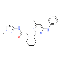 ChemSpider 2D Image | 2-{2-[4-Methyl-6-(2-pyrazinylamino)-2-pyrimidinyl]-1-piperidinyl}-N-(1-methyl-1H-pyrazol-3-yl)acetamide | C20H25N9O