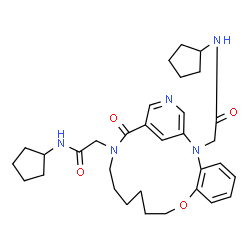 ChemSpider 2D Image | 2,2'-[17-Oxo-9-oxa-2,16,20-triazatricyclo[16.3.1.0~3,8~]docosa-1(22),3,5,7,18,20-hexaene-2,16-diyl]bis(N-cyclopentylacetamide) | C32H43N5O4