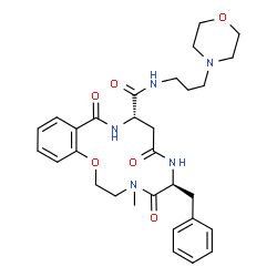 ChemSpider 2D Image | (6S,10S)-6-Benzyl-4-methyl-N-[3-(4-morpholinyl)propyl]-5,8,12-trioxo-3,4,5,6,7,8,9,10,11,12-decahydro-2H-1,4,7,11-benzoxatriazacyclotetradecine-10-carboxamide | C30H39N5O6