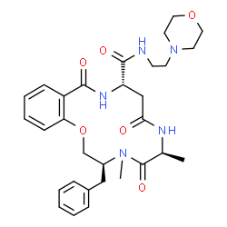 ChemSpider 2D Image | (3S,6S,10S)-3-Benzyl-4,6-dimethyl-N-[2-(4-morpholinyl)ethyl]-5,8,12-trioxo-3,4,5,6,7,8,9,10,11,12-decahydro-2H-1,4,7,11-benzoxatriazacyclotetradecine-10-carboxamide | C30H39N5O6