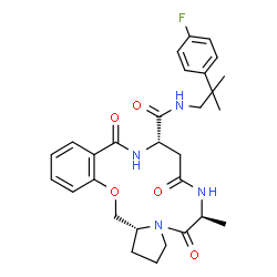 ChemSpider 2D Image | (6S,10S,18aR)-N-[2-(4-Fluorophenyl)-2-methylpropyl]-6-methyl-5,8,12-trioxo-2,3,5,6,7,8,9,10,11,12,18,18a-dodecahydro-1H-pyrrolo[2,1-c][1,4,7,11]benzoxatriazacyclotetradecine-10-carboxamide | C29H35FN4O5
