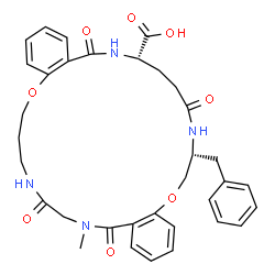 ChemSpider 2D Image | (7R,12S)-7-Benzyl-26-methyl-9,14,24,27-tetraoxo-7,8,9,10,11,12,13,14,20,21,22,23,24,25,26,27-hexadecahydro-6H-dibenzo[k,v][1,13,4,9,17,20]dioxatetraazacyclotricosine-12-carboxylic acid | C34H38N4O8