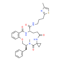 ChemSpider 2D Image | (3S,11S)-3-Benzyl-4-methyl-N-[3-(4-methyl-1,3-thiazol-2-yl)propyl]-5,8,13-trioxo-2,3,4,5,8,9,10,11,12,13-decahydro-7H-spiro[1,4,7,12-benzoxatriazacyclopentadecine-6,1'-cyclopropane]-11-carboxamide | C33H39N5O5S