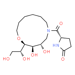 ChemSpider 2D Image | (5S)-5-({(2R,3R,4S)-2-[(1R)-1,2-Dihydroxyethyl]-3,4-dihydroxy-1-oxa-6-azacyclododecan-6-yl}carbonyl)-2-pyrrolidinone | C17H30N2O7