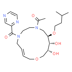 ChemSpider 2D Image | 1-[(3E,11R,12R,13R)-12,13-Dihydroxy-11-(3-methylbutoxy)-6-(2-pyrazinylcarbonyl)-1-oxa-6,9-diazacyclotetradec-3-en-9-yl]ethanone | C23H36N4O6