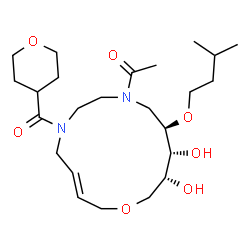 ChemSpider 2D Image | 1-[(3E,11R,12R,13R)-12,13-Dihydroxy-11-(3-methylbutoxy)-6-(tetrahydro-2H-pyran-4-ylcarbonyl)-1-oxa-6,9-diazacyclotetradec-3-en-9-yl]ethanone | C24H42N2O7