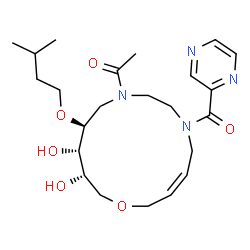 ChemSpider 2D Image | 1-[(3Z,11S,12S,13S)-12,13-Dihydroxy-11-(3-methylbutoxy)-6-(2-pyrazinylcarbonyl)-1-oxa-6,9-diazacyclotetradec-3-en-9-yl]ethanone | C23H36N4O6