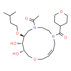 ChemSpider 2D Image | 1-[(3Z,11S,12S,13S)-12,13-Dihydroxy-11-(3-methylbutoxy)-6-(tetrahydro-2H-pyran-4-ylcarbonyl)-1-oxa-6,9-diazacyclotetradec-3-en-9-yl]ethanone | C24H42N2O7