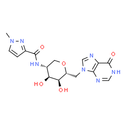 ChemSpider 2D Image | 1,5-Anhydro-2,6-dideoxy-2-{[(1-methyl-1H-pyrazol-3-yl)carbonyl]amino}-6-(6-oxo-1,6-dihydro-9H-purin-9-yl)-D-altritol | C16H19N7O5