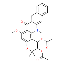 ChemSpider 2D Image | 1,2-diacetoxy-6-methoxy-3,3,14-trimethyl-1,2,3,14-tetrahydro-7H-benzo(b)pyrano(3,2-h)acridin-7-one | C28H27NO7