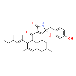 ChemSpider 2D Image | 5-Hydroxy-5-(4-hydroxybenzyl)-3-({3,4a,6-trimethyl-2-[(2E)-4-methyl-2-hexen-2-yl]-1,2,4a,5,6,7,8,8a-octahydro-1-naphthalenyl}carbonyl)-1,5-dihydro-2H-pyrrol-2-one | C32H43NO4