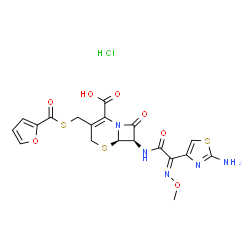 ChemSpider 2D Image | (6R,7R)-7-{[(2E)-2-(2-Amino-1,3-thiazol-4-yl)-2-(methoxyimino)acetyl]amino}-3-[(2-furoylsulfanyl)methyl]-8-oxo-5-thia-1-azabicyclo[4.2.0]oct-2-ene-2-carboxylic acid hydrochloride (1:1) | C19H18ClN5O7S3