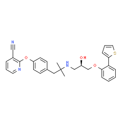 ChemSpider 2D Image | 2-{4-[2-({(2R)-2-Hydroxy-3-[2-(2-thienyl)phenoxy]propyl}amino)-2-methylpropyl]phenoxy}nicotinonitrile | C29H29N3O3S