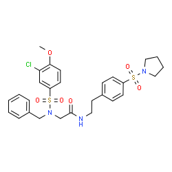 ChemSpider 2D Image | N~2~-Benzyl-N~2~-[(3-chloro-4-methoxyphenyl)sulfonyl]-N-{2-[4-(1-pyrrolidinylsulfonyl)phenyl]ethyl}glycinamide | C28H32ClN3O6S2