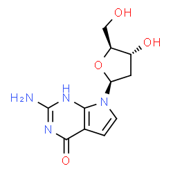 ChemSpider 2D Image | 2-Amino-7-(2-deoxy-beta-L-erythro-pentofuranosyl)-1,7-dihydro-4H-pyrrolo[2,3-d]pyrimidin-4-one | C11H14N4O4