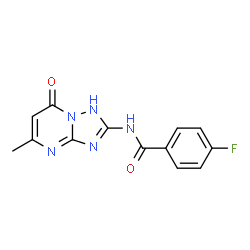 ChemSpider 2D Image | 4-Fluoro-N-(5-methyl-7-oxo-1,7-dihydro[1,2,4]triazolo[1,5-a]pyrimidin-2-yl)benzamide | C13H10FN5O2