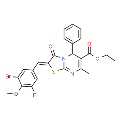 ChemSpider 2D Image | Ethyl (2Z)-2-(3,5-dibromo-4-methoxybenzylidene)-7-methyl-3-oxo-5-phenyl-2,3-dihydro-5H-[1,3]thiazolo[3,2-a]pyrimidine-6-carboxylate | C24H20Br2N2O4S