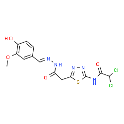 ChemSpider 2D Image | 2,2-Dichloro-N-(5-{2-[(2E)-2-(4-hydroxy-3-methoxybenzylidene)hydrazino]-2-oxoethyl}-1,3,4-thiadiazol-2-yl)acetamide | C14H13Cl2N5O4S