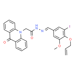 ChemSpider 2D Image | N'-{(E)-[4-(Allyloxy)-3-iodo-5-methoxyphenyl]methylene}-2-(9-oxo-10(9H)-acridinyl)acetohydrazide | C26H22IN3O4