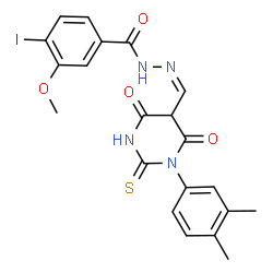 ChemSpider 2D Image | N'-{(Z)-[1-(3,4-Dimethylphenyl)-4,6-dioxo-2-thioxohexahydro-5-pyrimidinyl]methylene}-4-iodo-3-methoxybenzohydrazide | C21H19IN4O4S