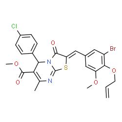 ChemSpider 2D Image | Methyl (2Z)-2-[4-(allyloxy)-3-bromo-5-methoxybenzylidene]-5-(4-chlorophenyl)-7-methyl-3-oxo-2,3-dihydro-5H-[1,3]thiazolo[3,2-a]pyrimidine-6-carboxylate | C26H22BrClN2O5S