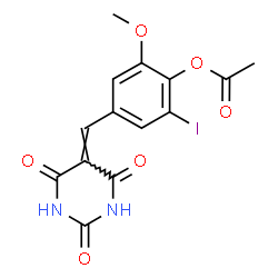 ChemSpider 2D Image | 2-Iodo-6-methoxy-4-[(2,4,6-trioxotetrahydro-5(2H)-pyrimidinylidene)methyl]phenyl acetate | C14H11IN2O6