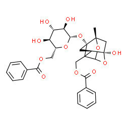 ChemSpider 2D Image | {(3S,5R,6R,8S)-3-[(6-O-Benzoyl-beta-D-glucopyranosyl)oxy]-6-hydroxy-8-methyl-9,10-dioxatetracyclo[4.3.1.0~2,5~.0~3,8~]dec-2-yl}methyl benzoate | C30H32O12